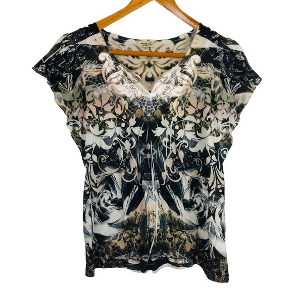 ONE WORLD Tops - One World Womens Flutter Sleeve Top Sz Large Floral Pattern Embellished